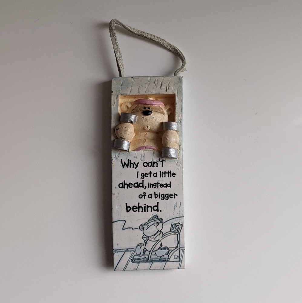 Ceramic hanging teddy bear with exercise humor